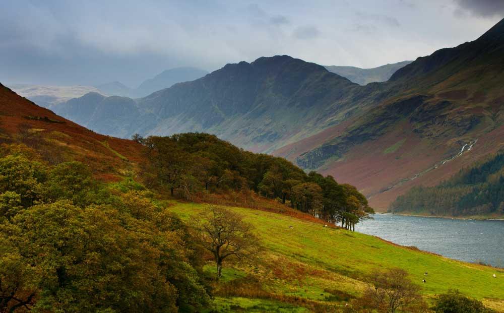 A wide landscape view of a blue lake surrounded by rugged mountains and green fields in the Lake District.
