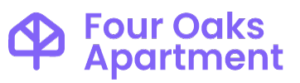 Purple brand logo for Four Oaks Apartment featuring a house and tree icon.