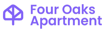 Purple brand logo for Four Oaks Apartment featuring a house and tree icon.