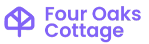 Purple brand logo for Four Oaks Cottage featuring a house and tree icon.