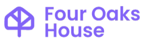 Purple brand logo for Four Oaks House featuring a modern house and tree icon.